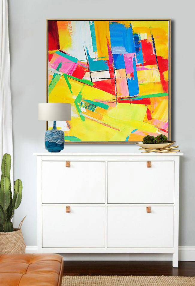 Extra Large Acrylic Painting On Canvas,Oversized Palette Knife Painting Contemporary Art On Canvas,Extra Large Paintings Yellow,Red,Blue,Pink,Light Green